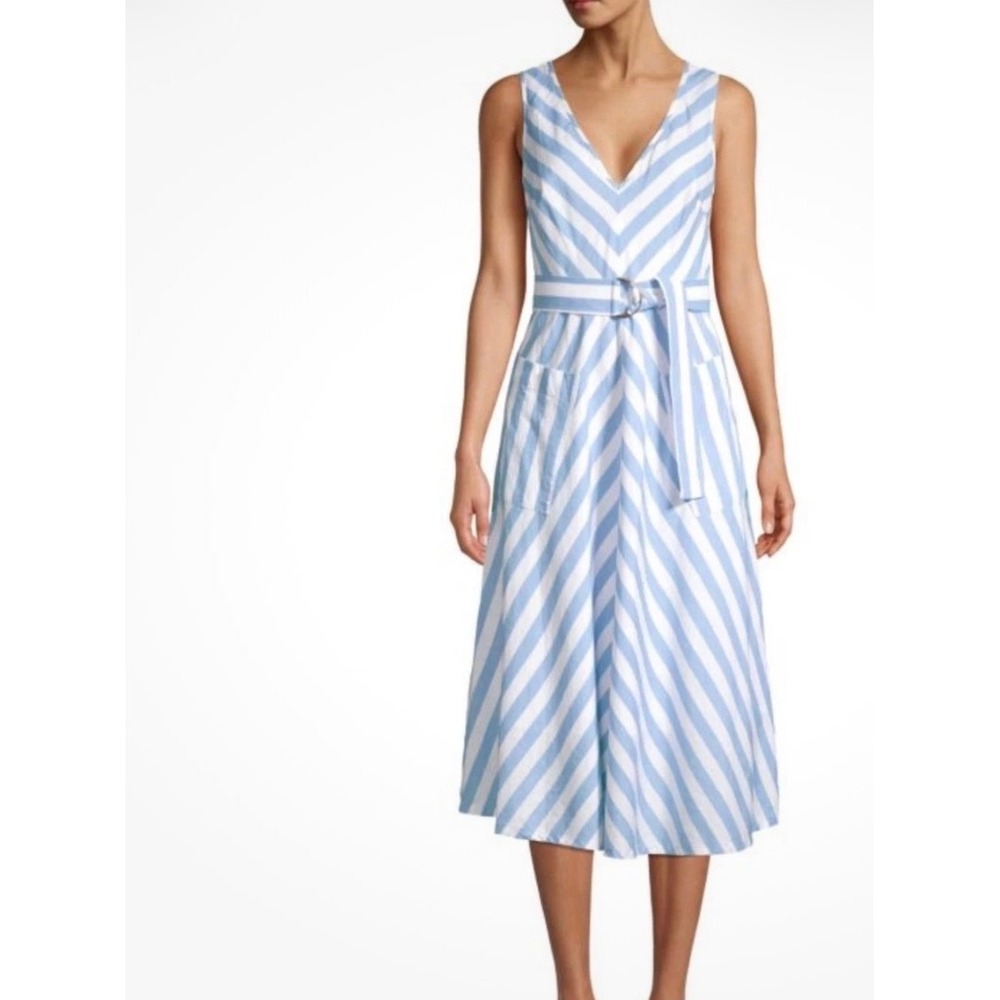 Kate Spade Linen Cotton Blend Midi Dress 4 Blue White Striped Summer Sun Dress